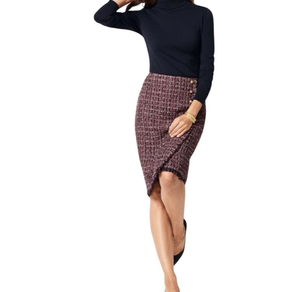 Talbots Burgundy Navy Gray Tweed Faux Wrap Skirt Size 4 Career Wear - Picture 2 of 10